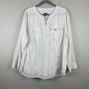 Talbots Top Women's 2X White Swiss Dot Lace Up‎ Criss Cross Long Sleeve Beachy